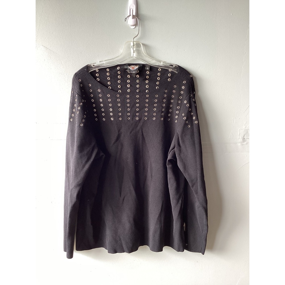 Harley Davidson Women Black Grommet Embellished Long Sleeve Knit Top 2W RN103819